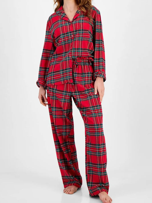 Plaid Collared Neck Button Up Top and Pants Lounge Set — Livostyle