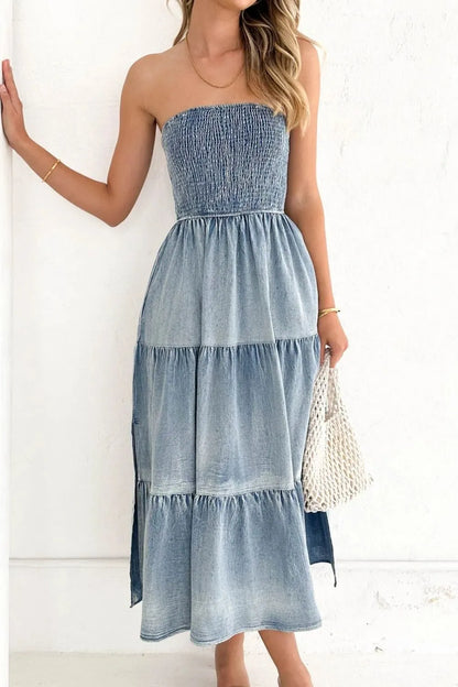 Smocked Tube Slit Tiered Denim Dress styling — Livostyle