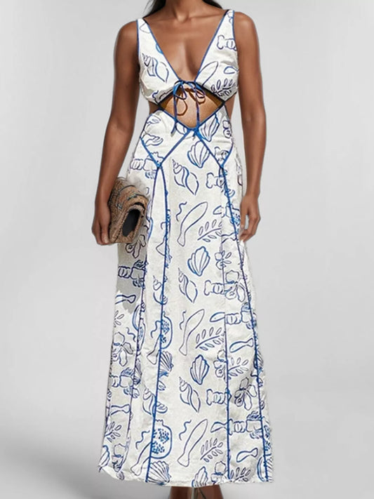 Printed Cutout Backless Maxi Dress with Stretch in Blue