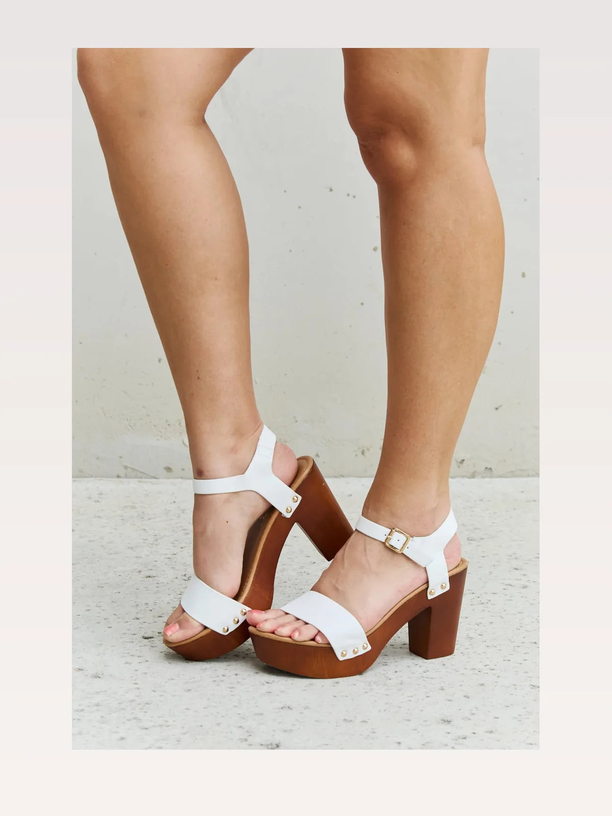 Classy Wooden Clog Strap Heels with White Straps — styled showcase — Livostyle