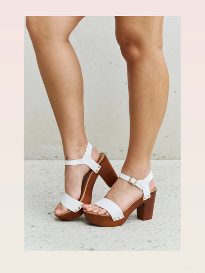 Classy Wooden Clog Strap Heels with White Straps — styled showcase — Livostyle