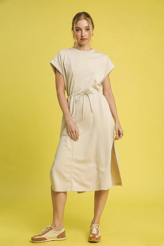 Side Slit Short Sleeve Midi Tee Dress in Ecru