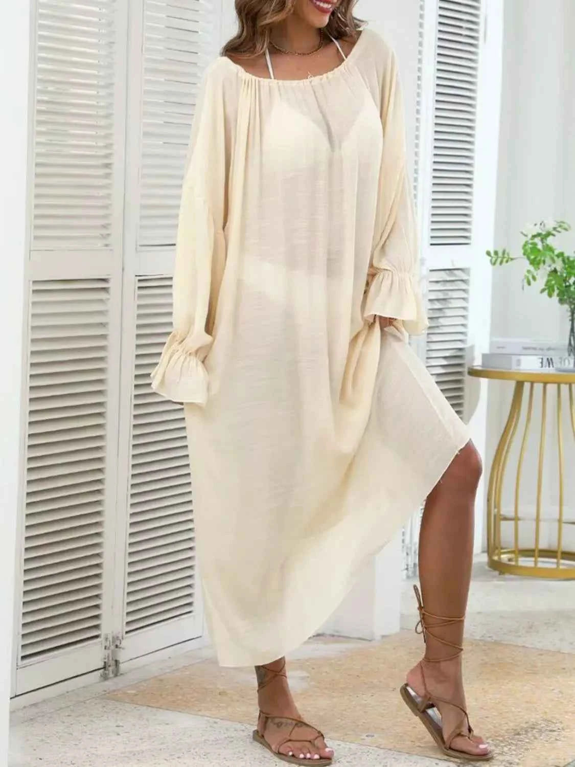 Backless Drawstring Back Flounce Sleeve Cover-Up