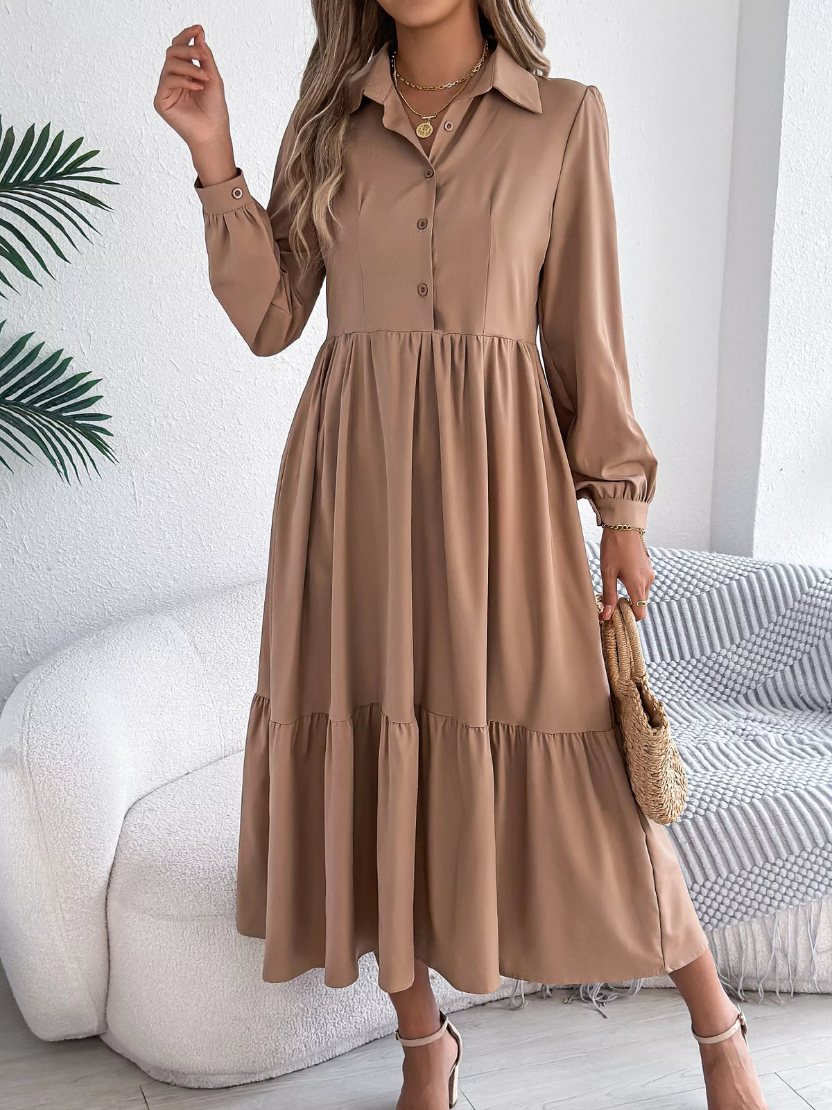 Long Sleeve Tiered Button-Front Midi Dress – photo 18