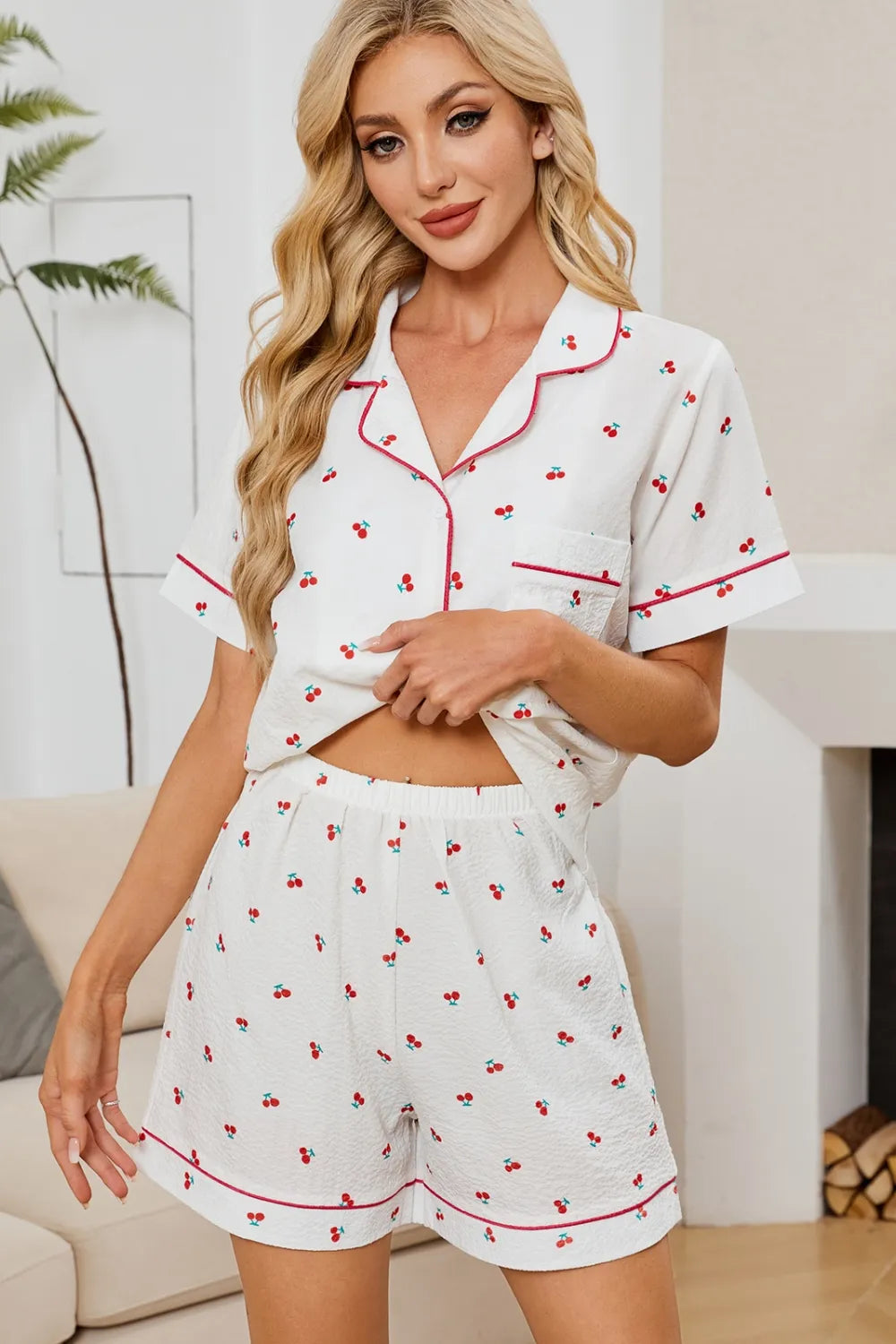 Cheery Print Collared Neck Top and Shorts Lounge Set — Livostyle