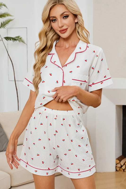 Cheery Print Collared Neck Top and Shorts Lounge Set — Livostyle