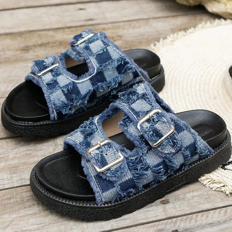 Raw Edge Checkered Cloth Buckle Sandals back view — Livostyle