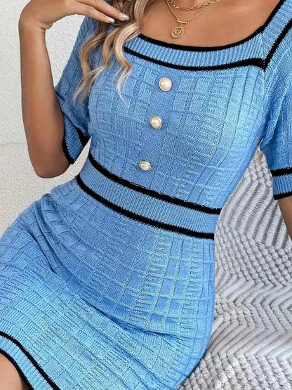 Decorative Button Short Sleeve Sweater Dress — detail view — Livostyle
