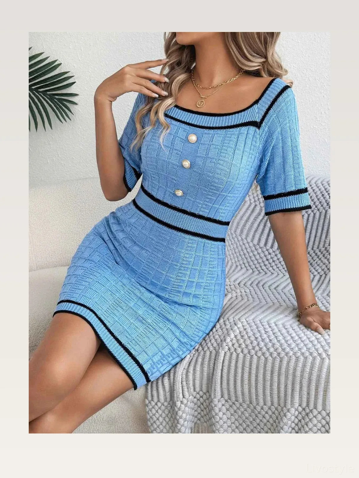 Decorative Button Short Sleeve Sweater Dress — styled showcase — Livostyle