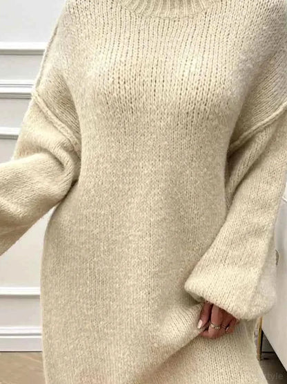 Devine Mock Neck Long Sleeve Mini Sweater Dress — detail view — Livostyle