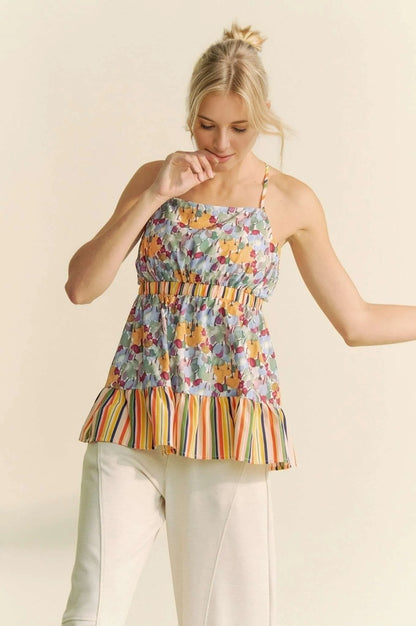 Floral Sleeveless Smocked Top with Ruffle Trim and Back Tie in Sage