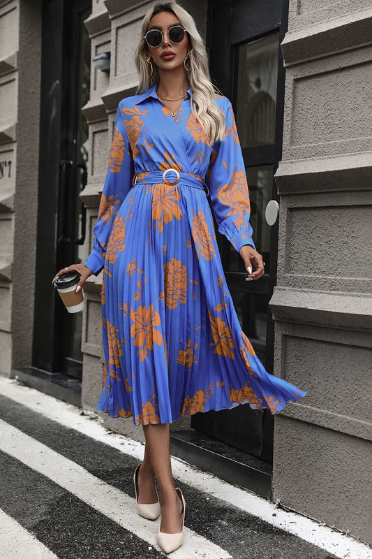 Floral Pleated Surplice Long Sleeve Midi Dress in Blue