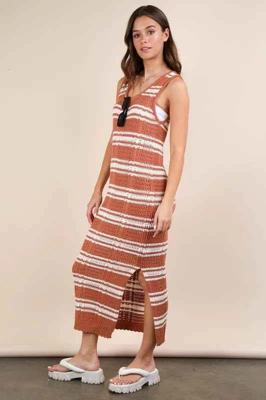 VERY J Stripe Knit Casual Sweater Midi Dress