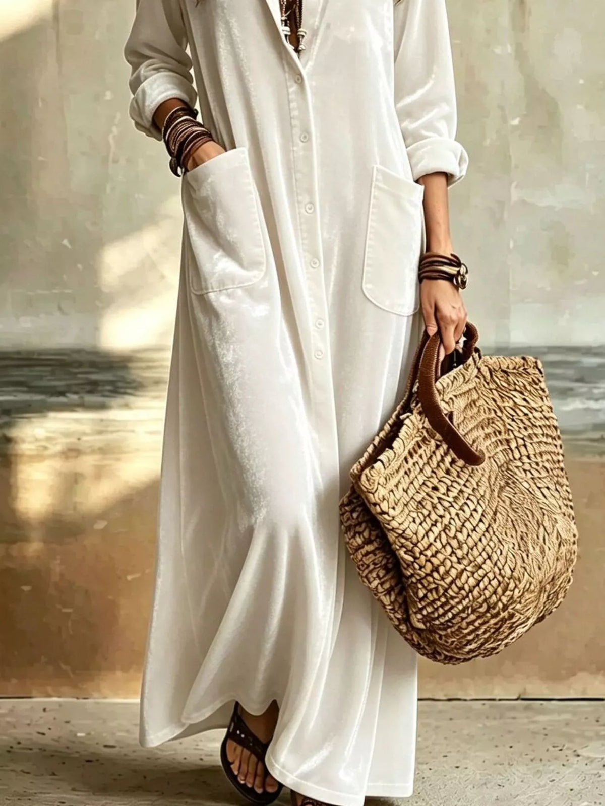 Velvet Button-Down Maxi Dress with Pockets – photo 4