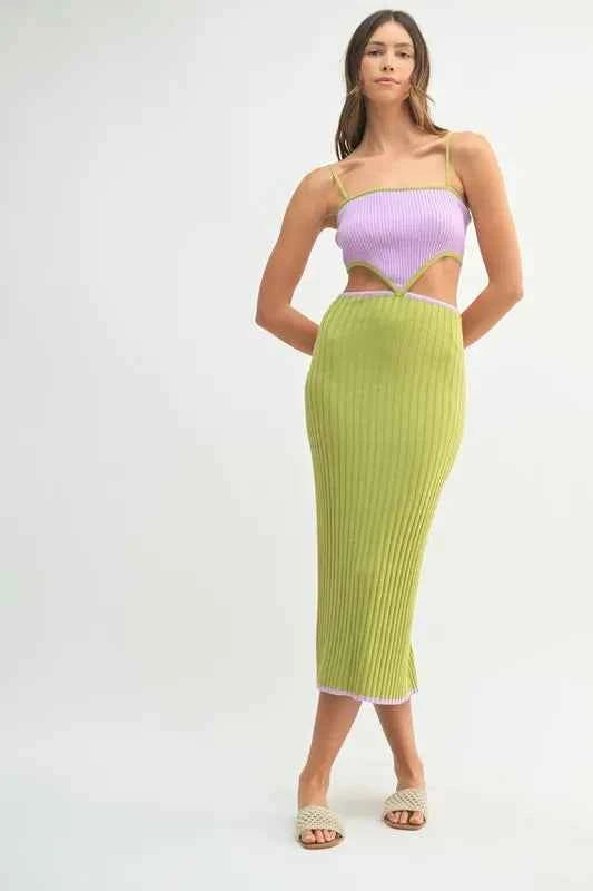 MABLE Ribbed Knit Color Block Cutout Midi Dress
