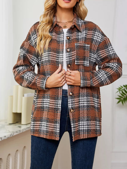 Plaid Button Up Long Sleeve Shacket closeup — Livostyle