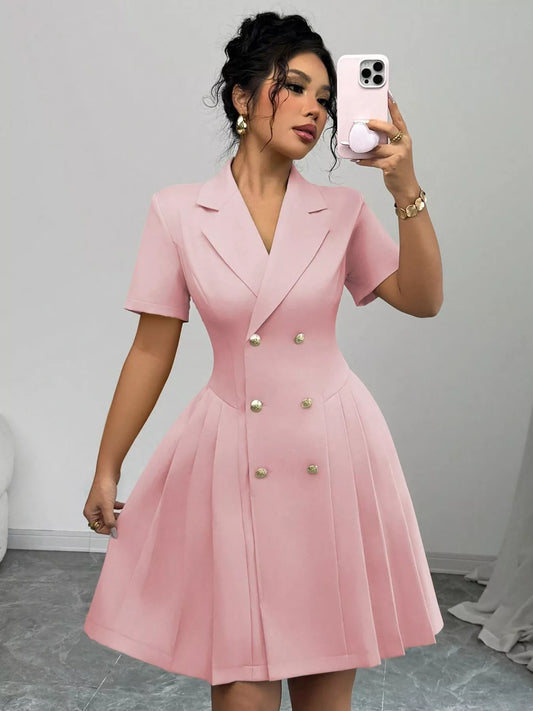 Double-Breasted Pleated Blazer Dress with Lining