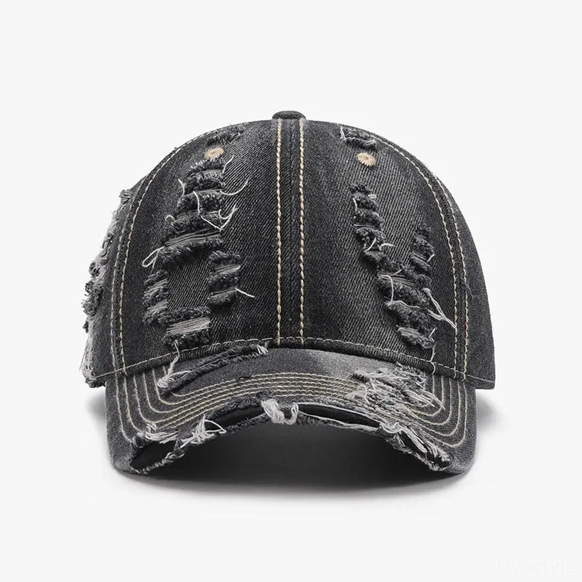 Black Denim Distressed Adjustable Baseball Cap — square view — Livostyle