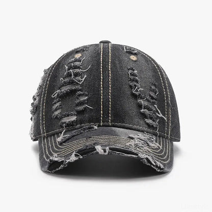 Black Denim Distressed Adjustable Baseball Cap — square view — Livostyle