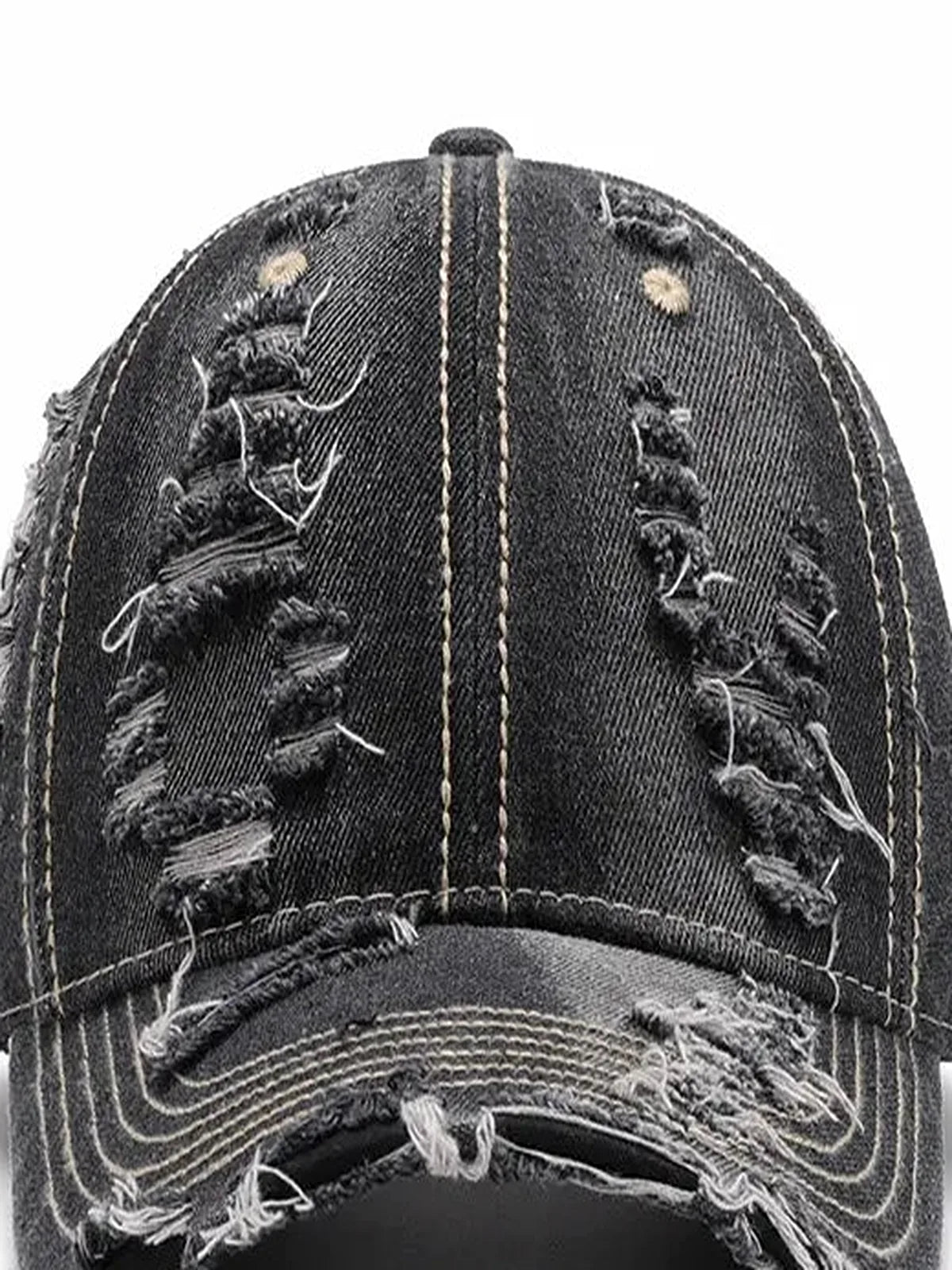 Black Denim Distressed Adjustable Baseball Cap — detail view — Livostyle