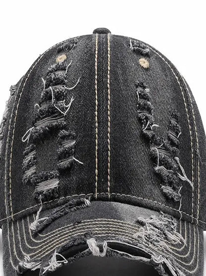 Black Denim Distressed Adjustable Baseball Cap — detail view — Livostyle