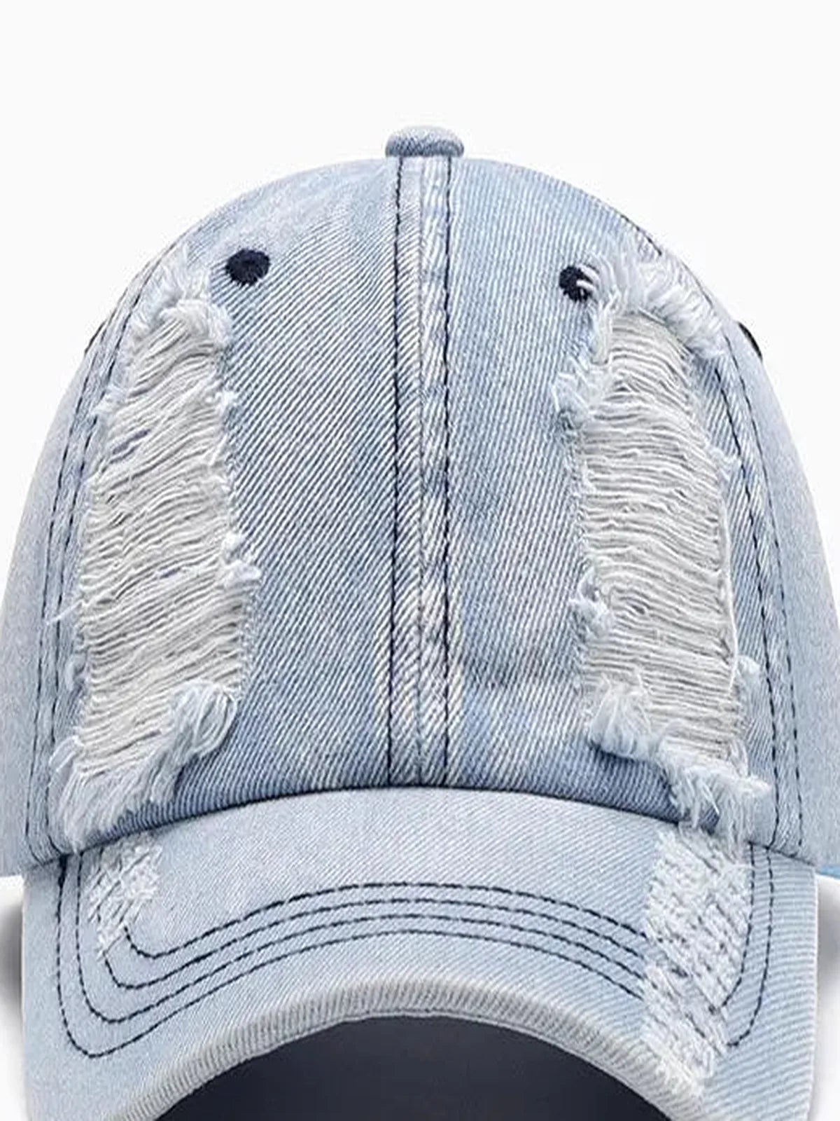 Light Blue Denim Dad Distressed Baseball Cap — detail view — Livostyle