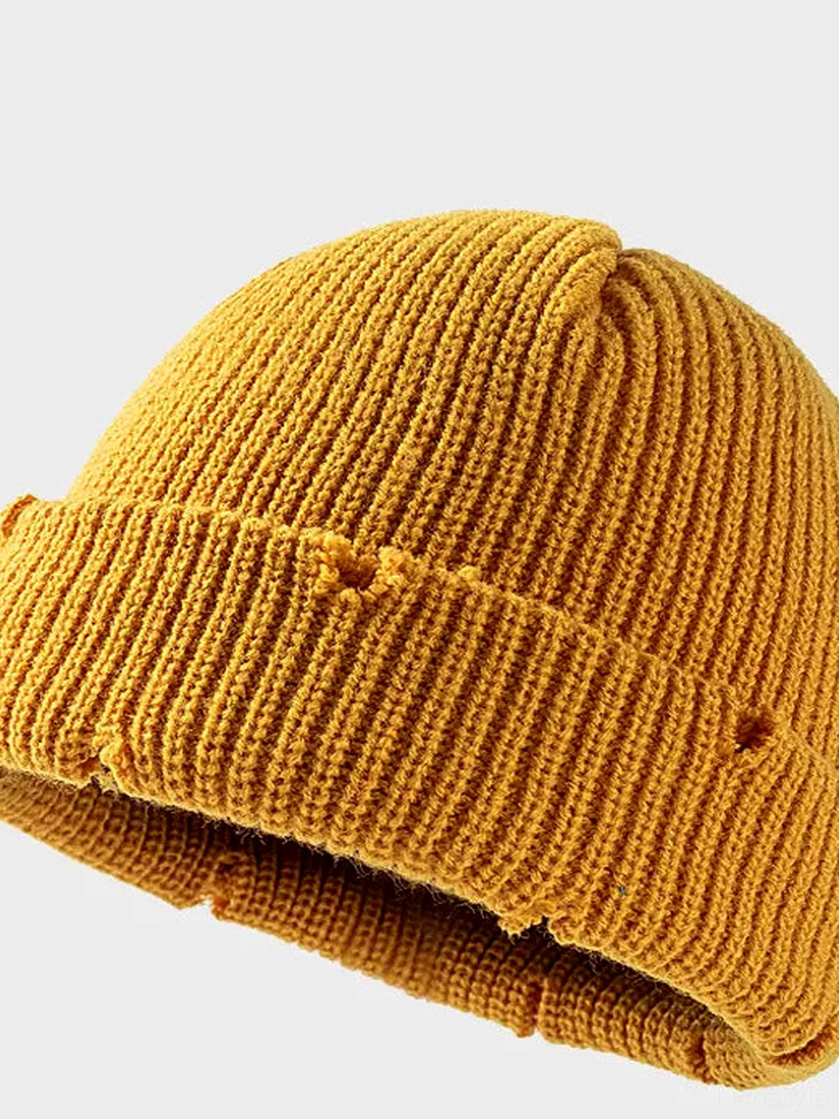 Distressed Cuffed Knit Hat — detail view — Livostyle