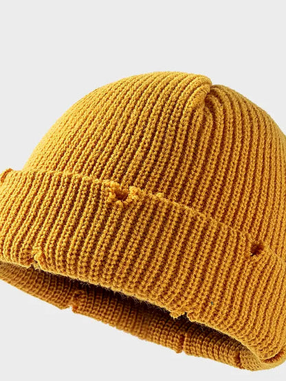 Distressed Cuffed Knit Hat — detail view — Livostyle