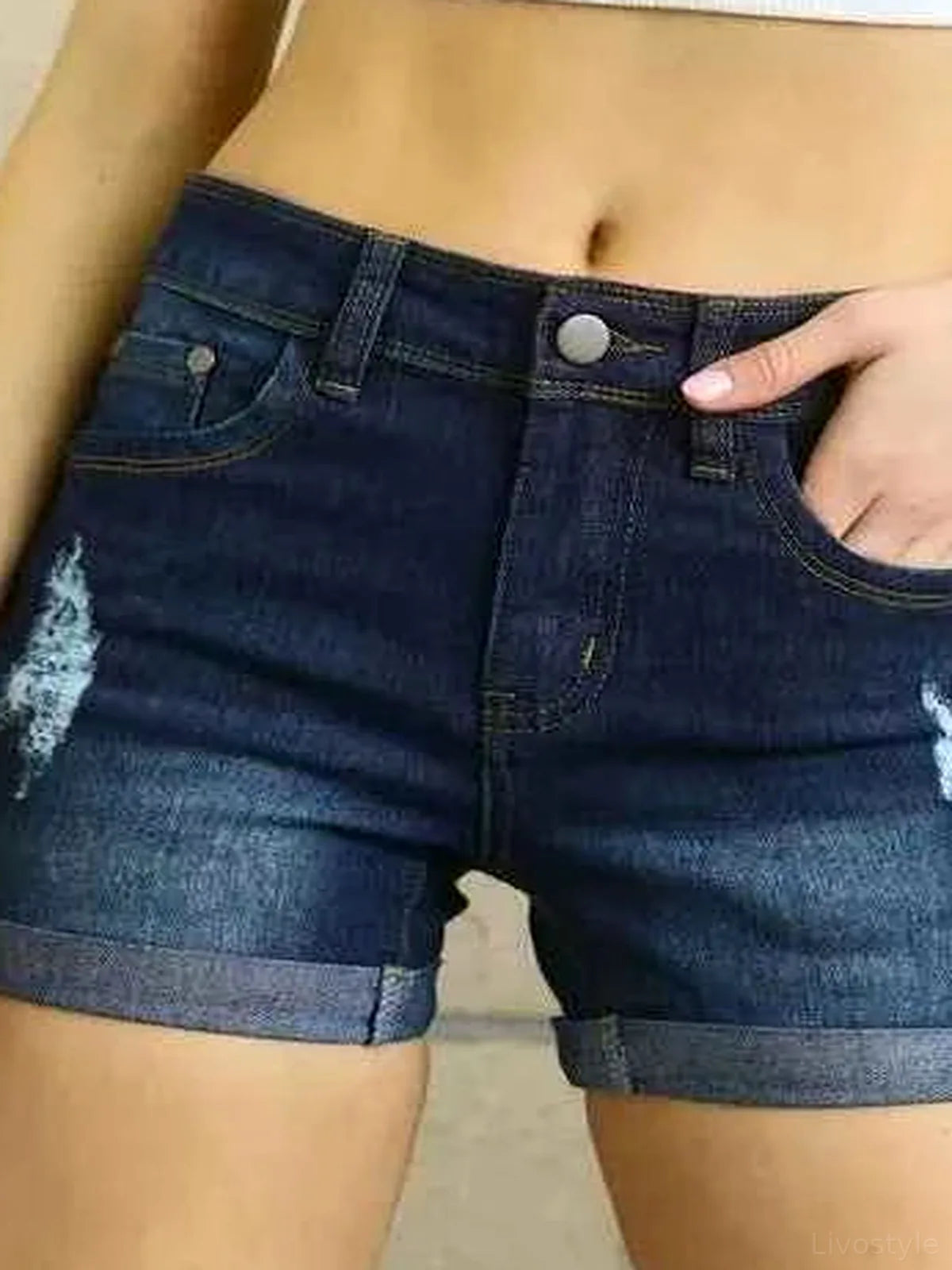 Distressed Roll Up Denim Shorts with Pockets – photo 4