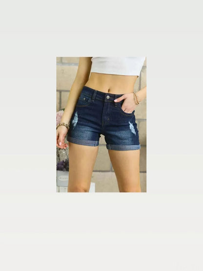 Distressed Roll Up Denim Shorts with Pockets – photo 3
