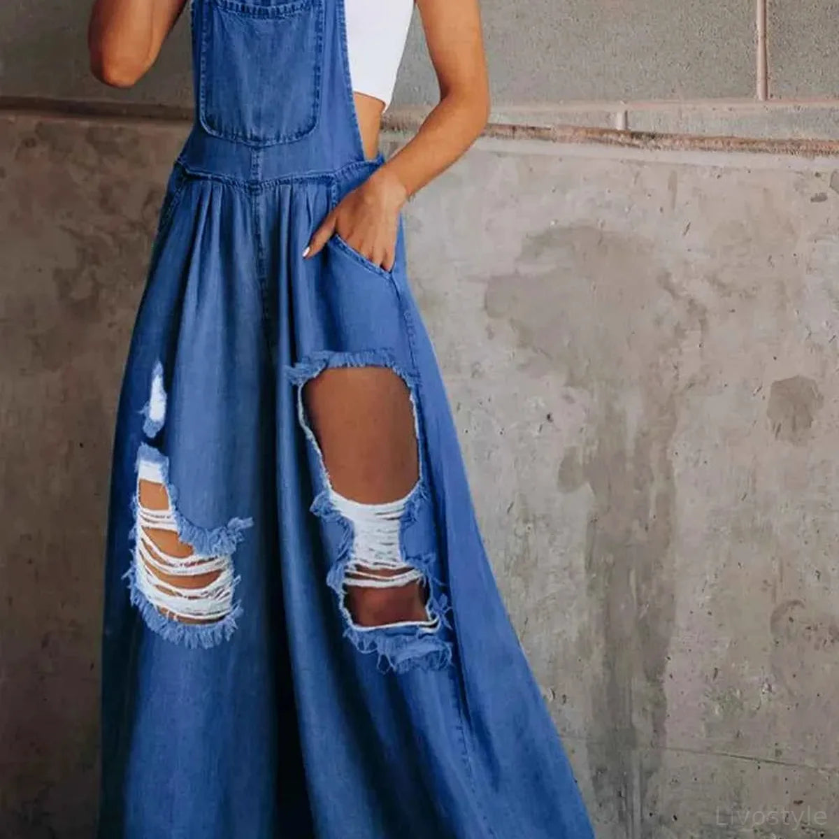 Distressed Wide Leg Denim Overalls — square view — Livostyle