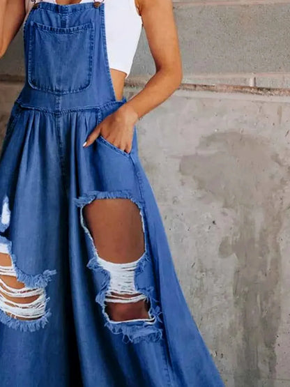 Distressed Wide Leg Denim Overalls — detail view — Livostyle