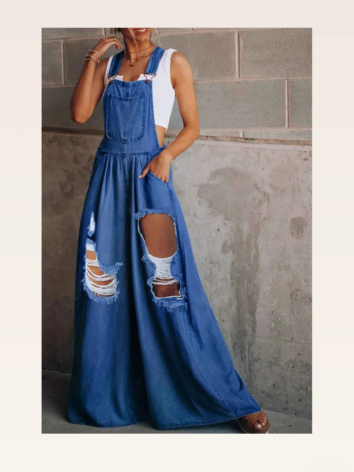 Distressed Wide Leg Denim Overalls — styled showcase — Livostyle
