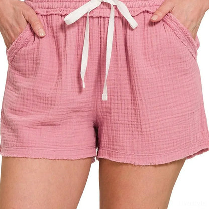 Double Gauze Drawstring Waist Shorts with Raw Hem – photo 3