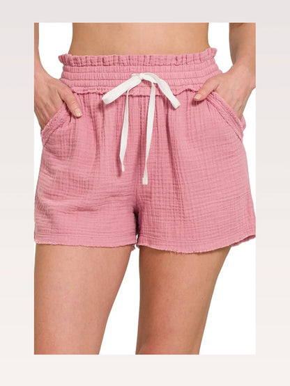Double Gauze Elasticband Drawstring Waist Shorts in LT ROSE — styled showcase — Livostyle
