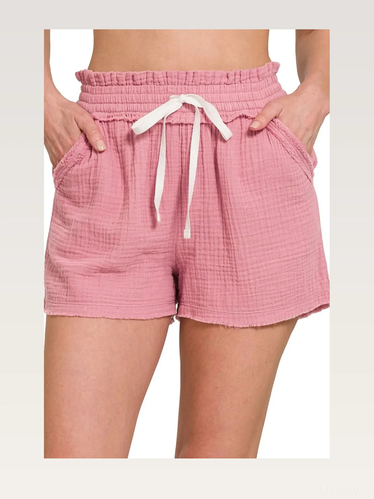 Double Gauze Drawstring Waist Shorts with Raw Hem – photo 4