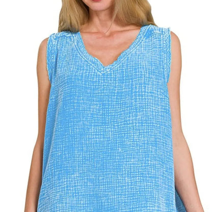 Double Gauze Raw Edge Acid Washed Tank in Deep Sky — square view — Livostyle