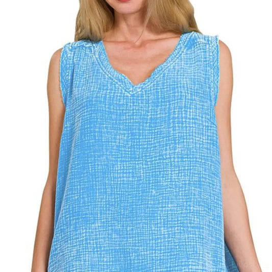 Double Gauze Raw Edge Acid Washed Tank in Deep Sky — square view — Livostyle