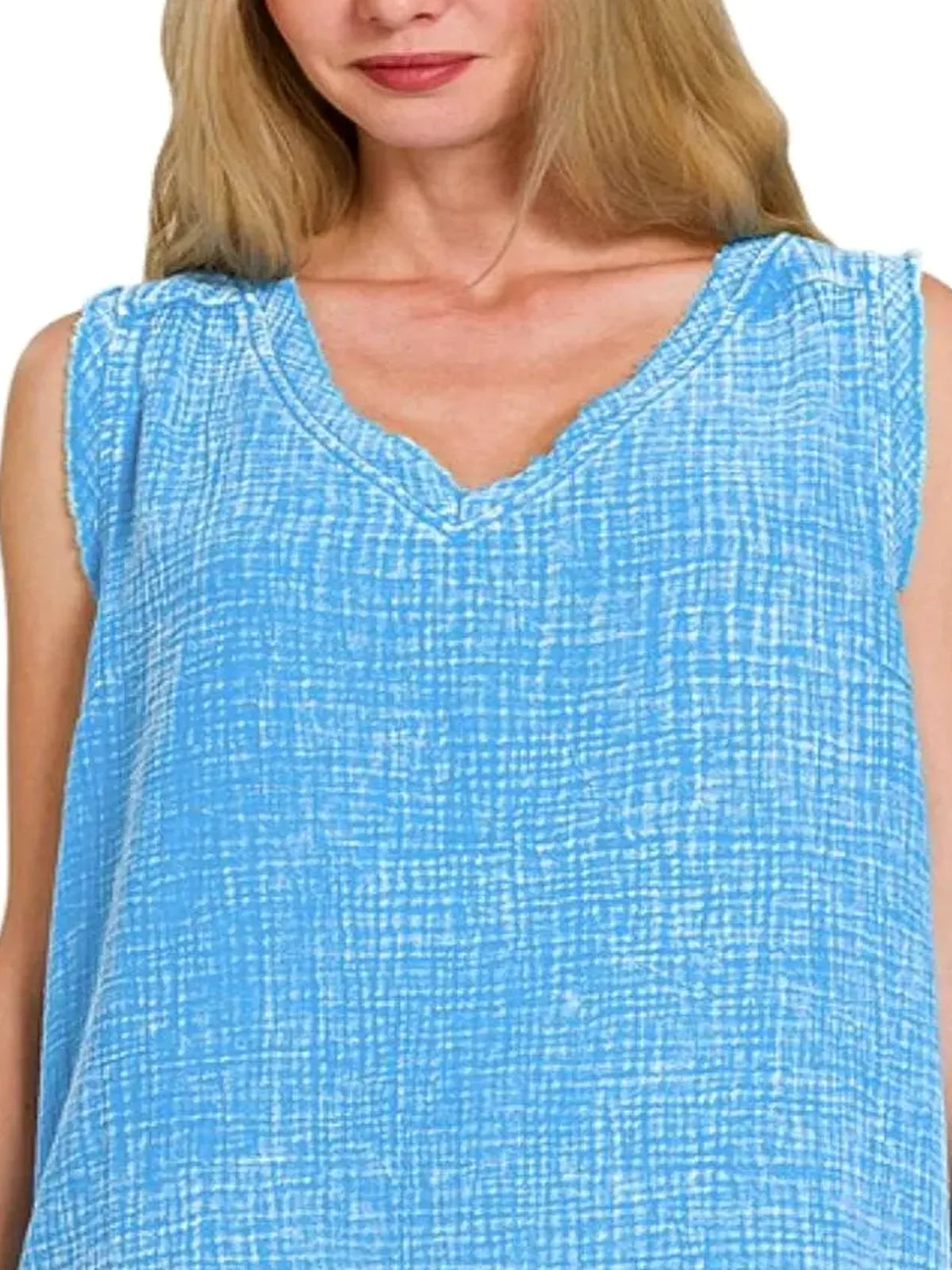 Double Gauze Raw Edge Acid Washed Tank in Deep Sky — detail view — Livostyle