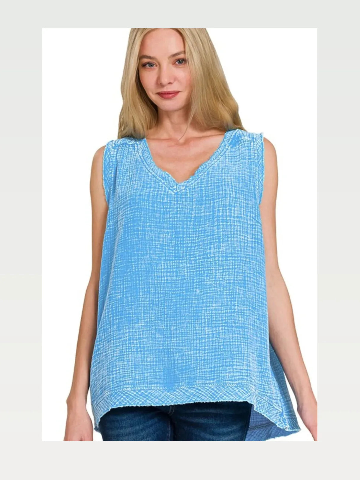 Double Gauze Raw Edge Acid Washed Tank in Deep Sky — styled showcase — Livostyle