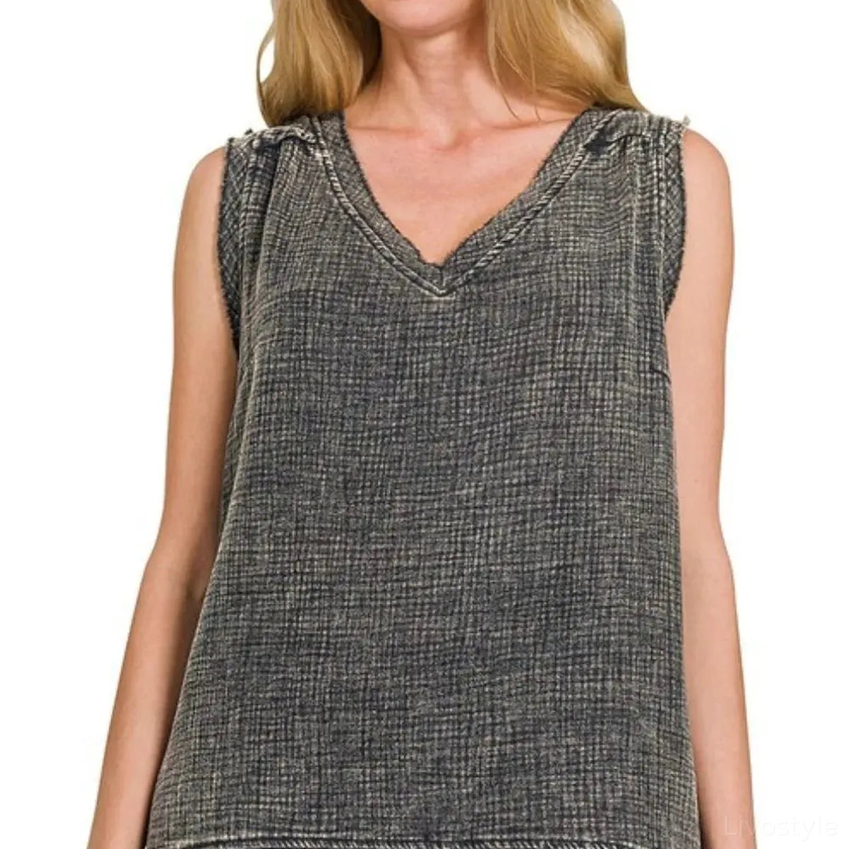 Double Gauze Raw Edge Acid Washed Tank in Ash Black — square view — Livostyle