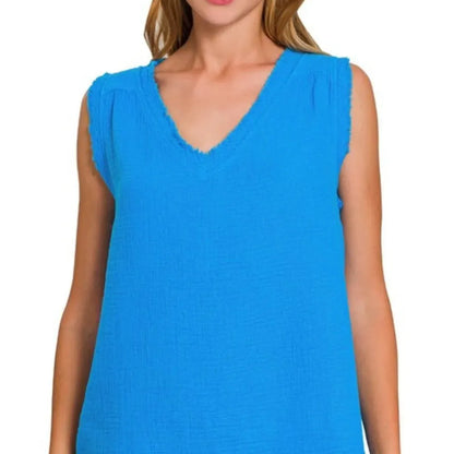 Double Gauze Raw Edge V-Neck Tank in Deep Sky — square view — Livostyle