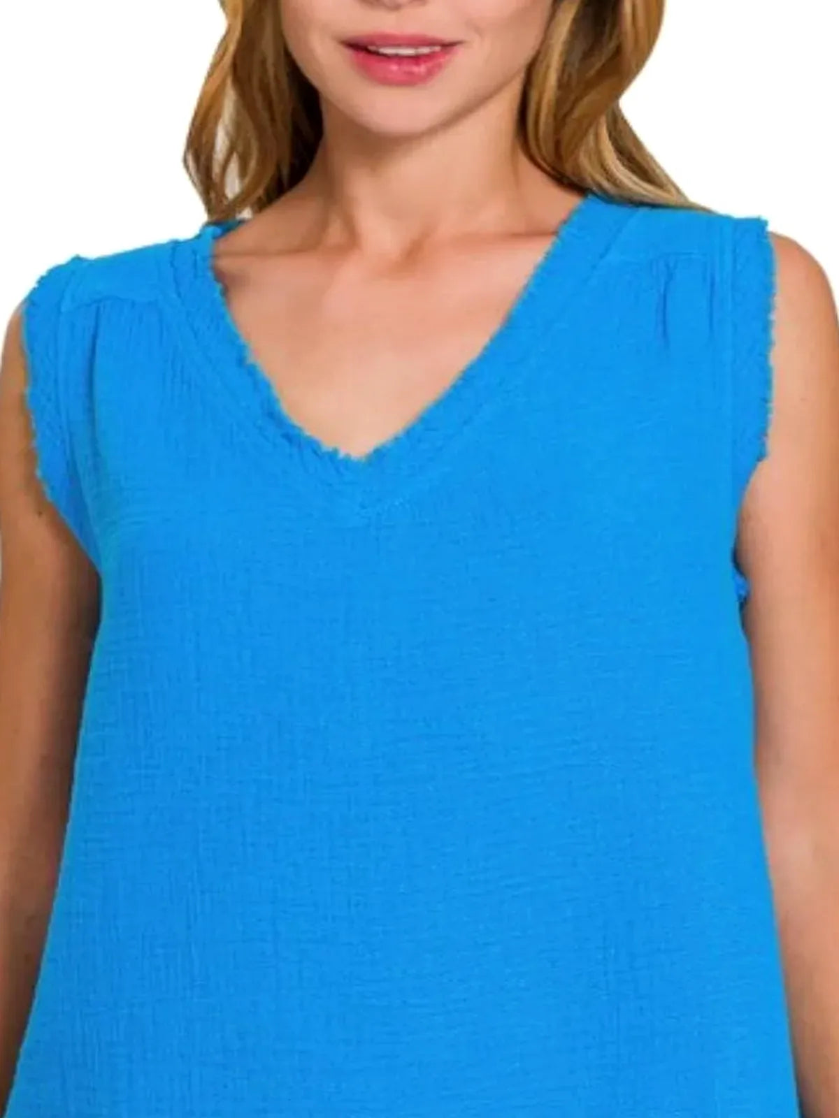 Double Gauze Raw Edge V-Neck Tank in Deep Sky — detail view — Livostyle