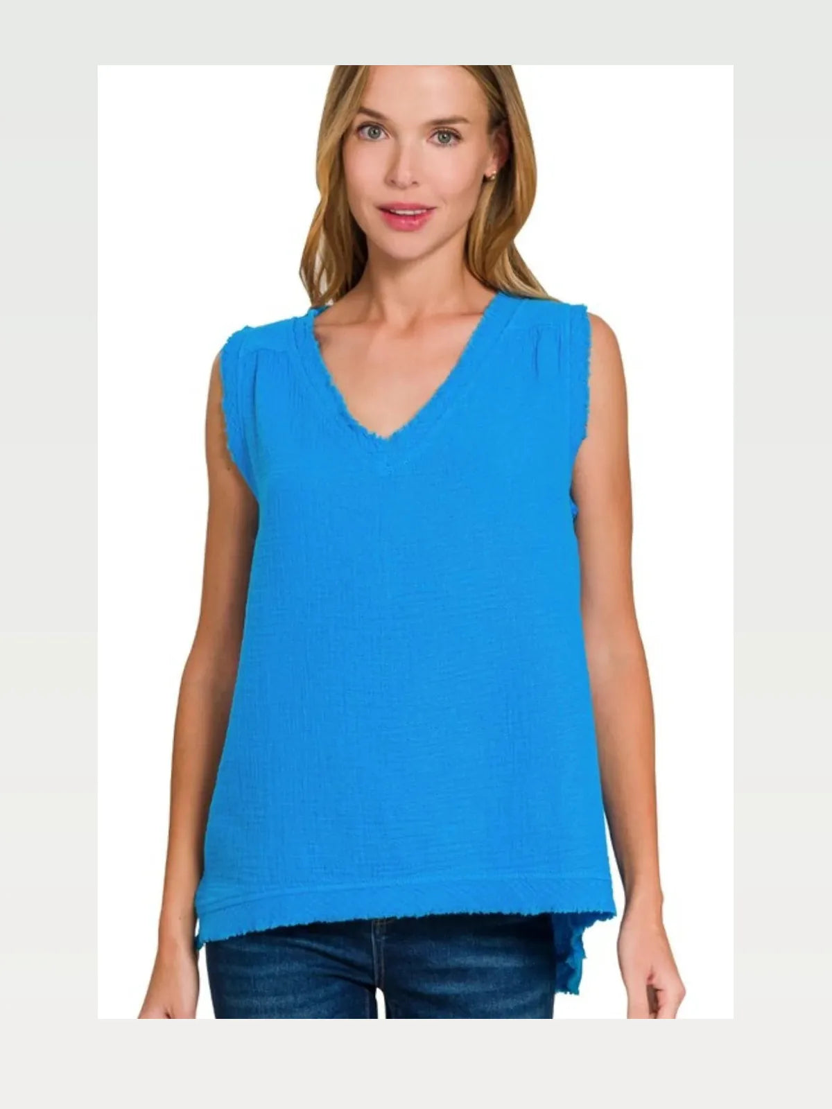 Double Gauze Raw Edge V-Neck Tank in Deep Sky — styled showcase — Livostyle