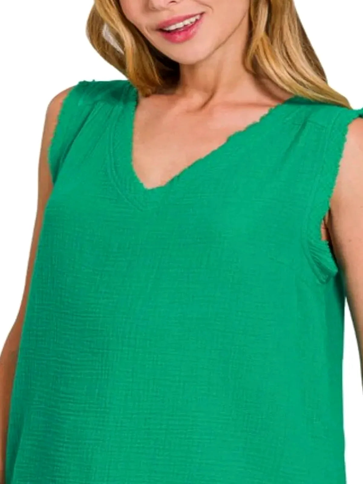 Double Gauze Raw Edge V-Neck Tank in K Green — detail view — Livostyle