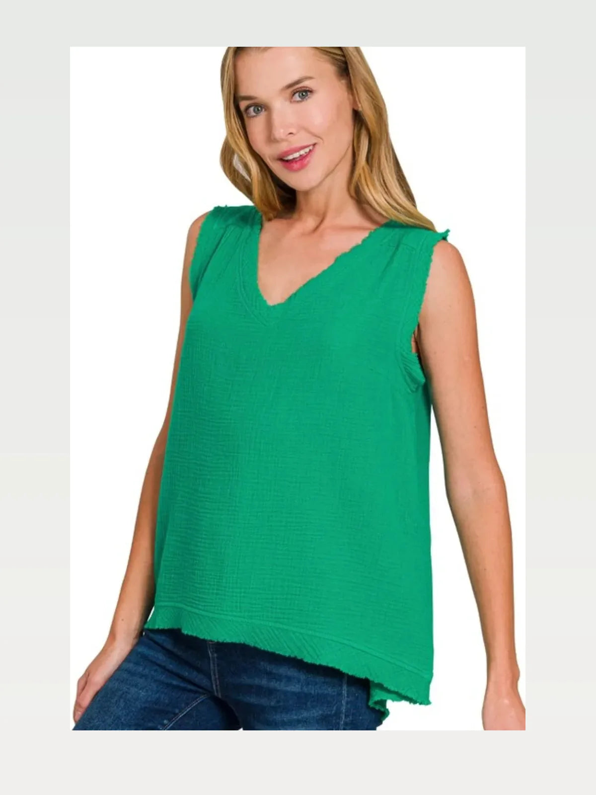 Double Gauze Raw Edge V-Neck Tank in K Green — styled showcase — Livostyle