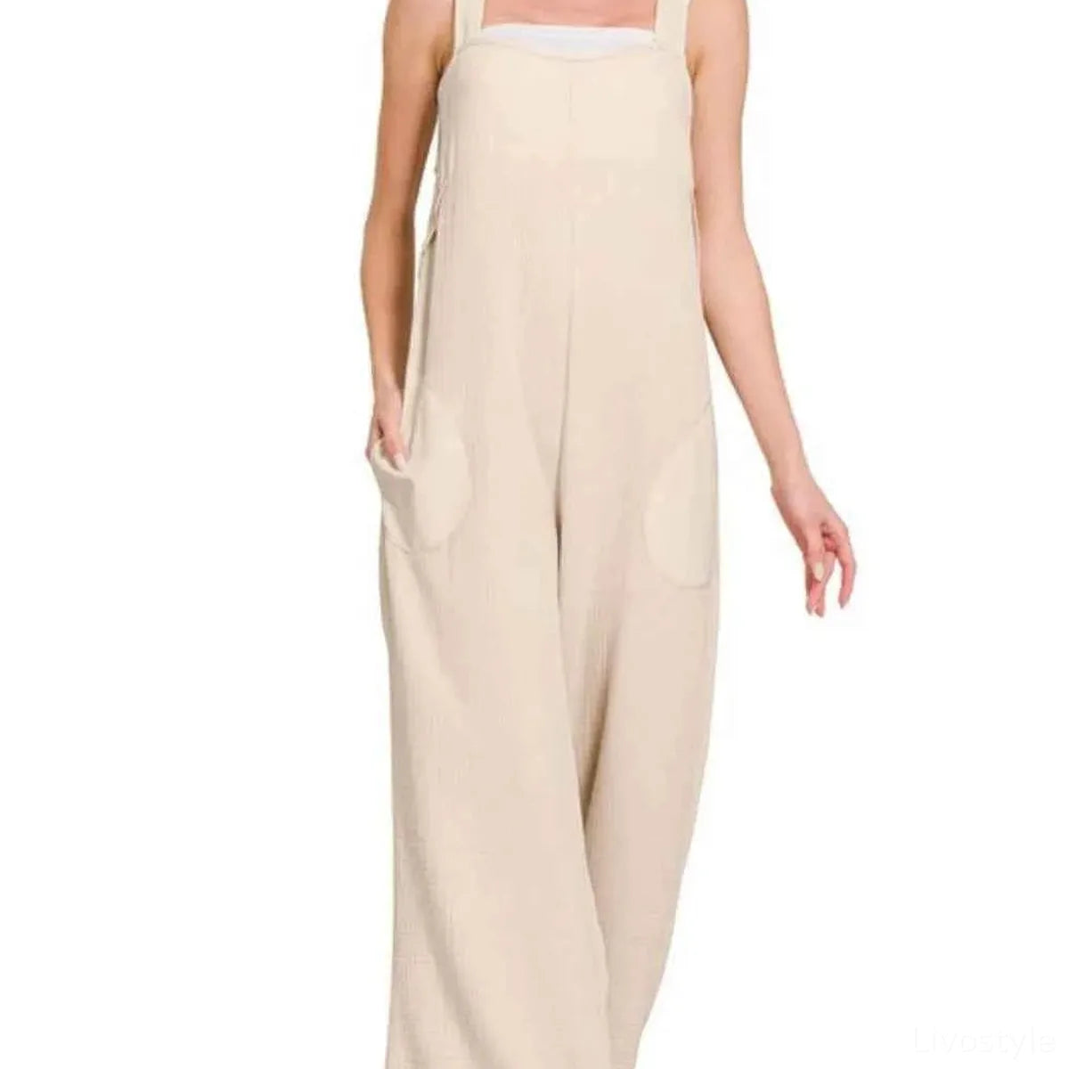 Double Gauze Washed Wide Leg Overalls — square view — Livostyle