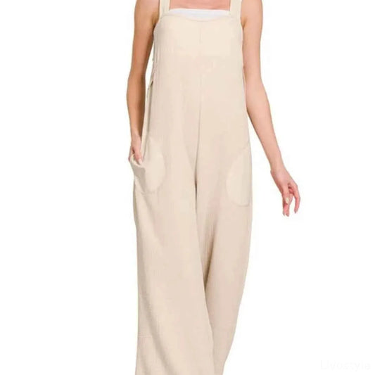 Double Gauze Washed Wide Leg Overalls with Pockets