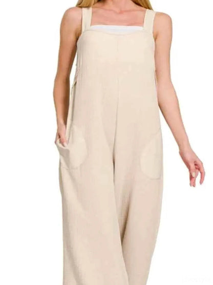 Double Gauze Washed Wide Leg Overalls — detail view — Livostyle