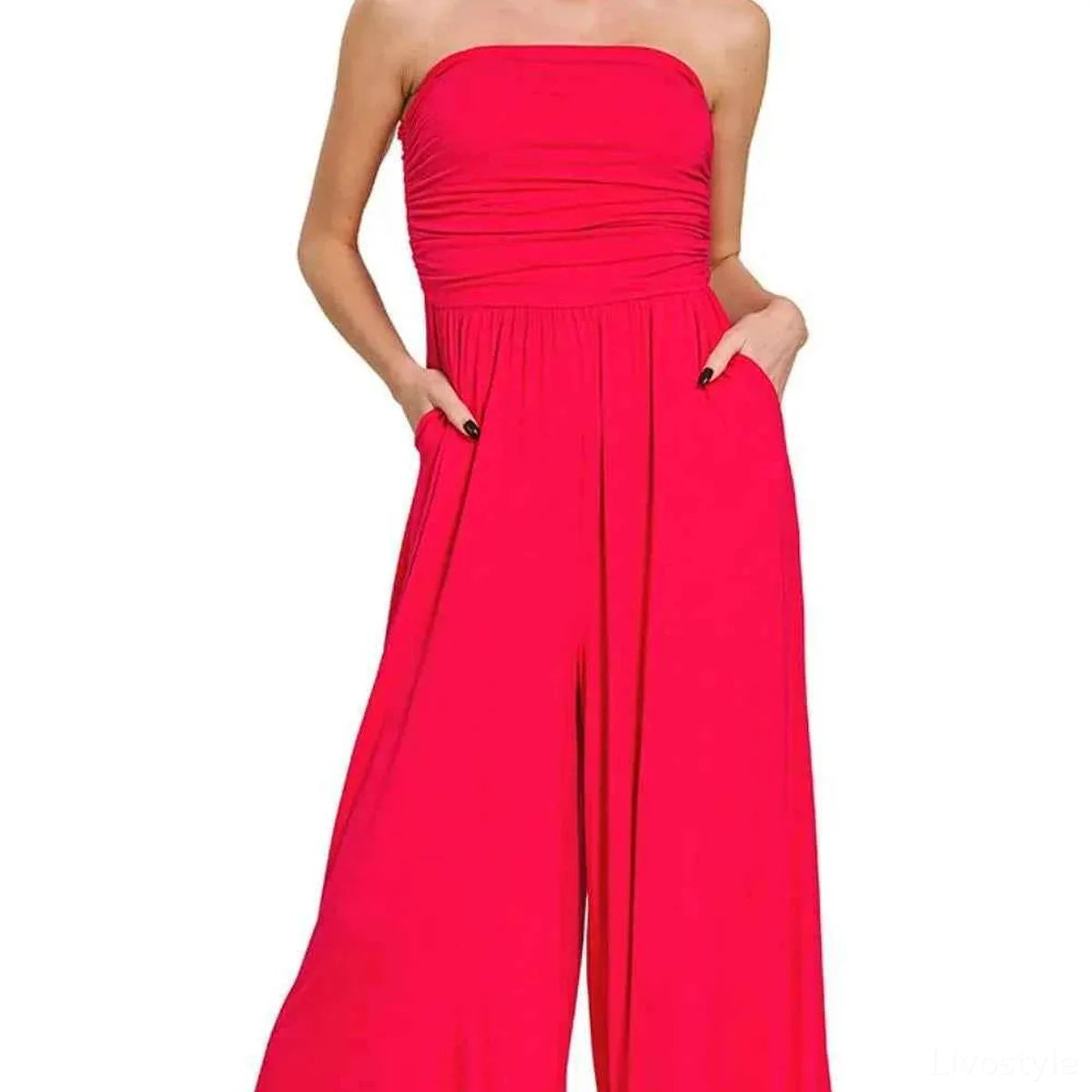 Double Layered Strapless Tube Top Jumpsuit in RUBY – full product view